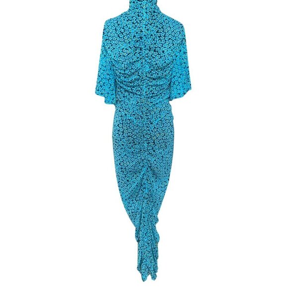 DVF Diane Von Furstenberg Olivia Mesh High Neck Blue ruched Floral Dress Size L - Picture 4 of 7